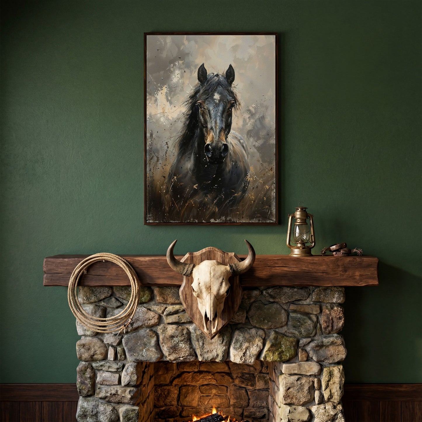 Black Horse Portrait Canvas Art with Rustic Expressiveness in dark walnut floating frame
