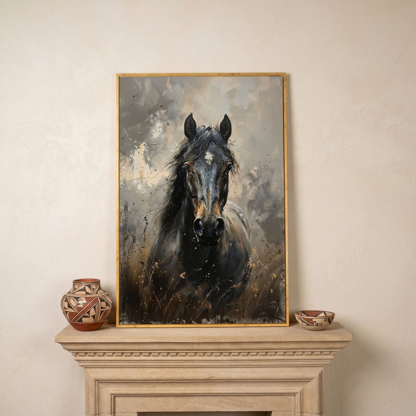 Black Horse Portrait Canvas Art with Rustic Expressiveness in white oak floating frame