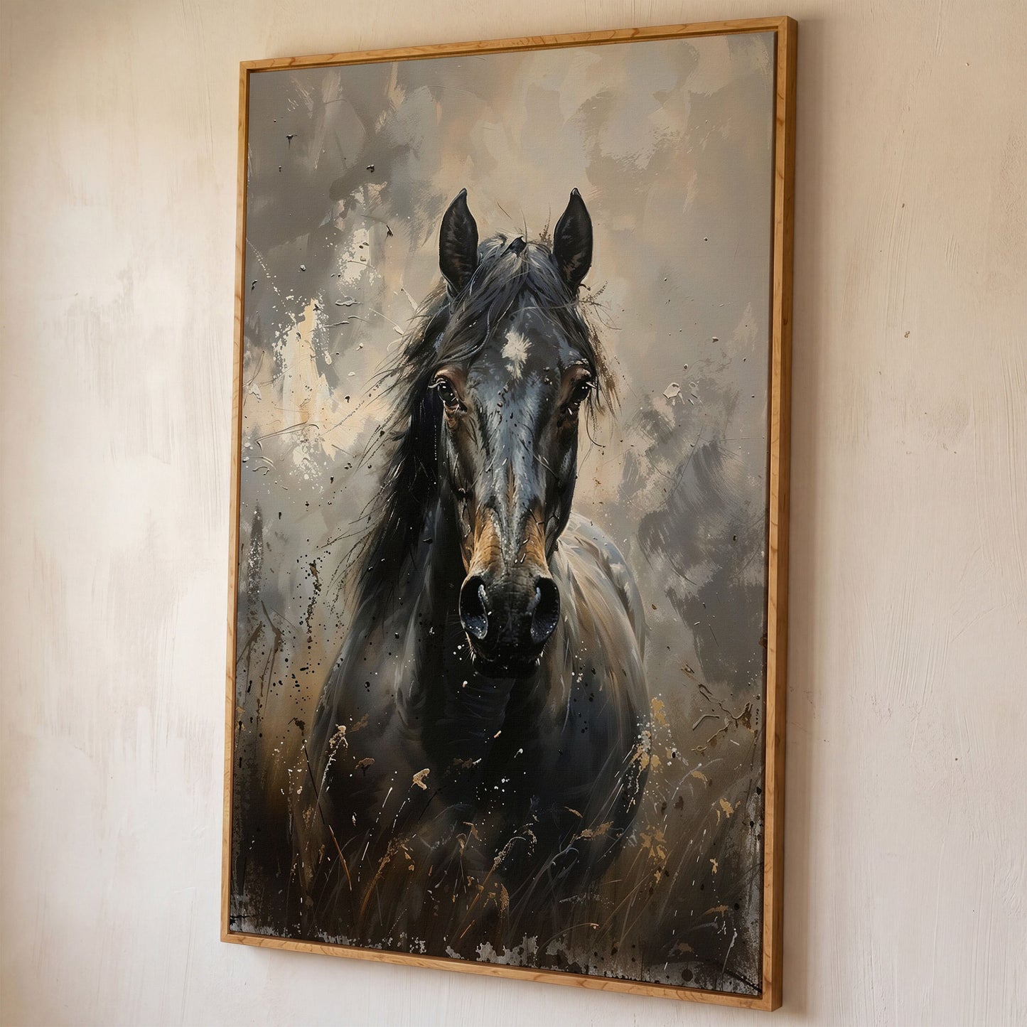 Black Horse Portrait Canvas Art with Rustic Expressiveness shown in white oak floating frame