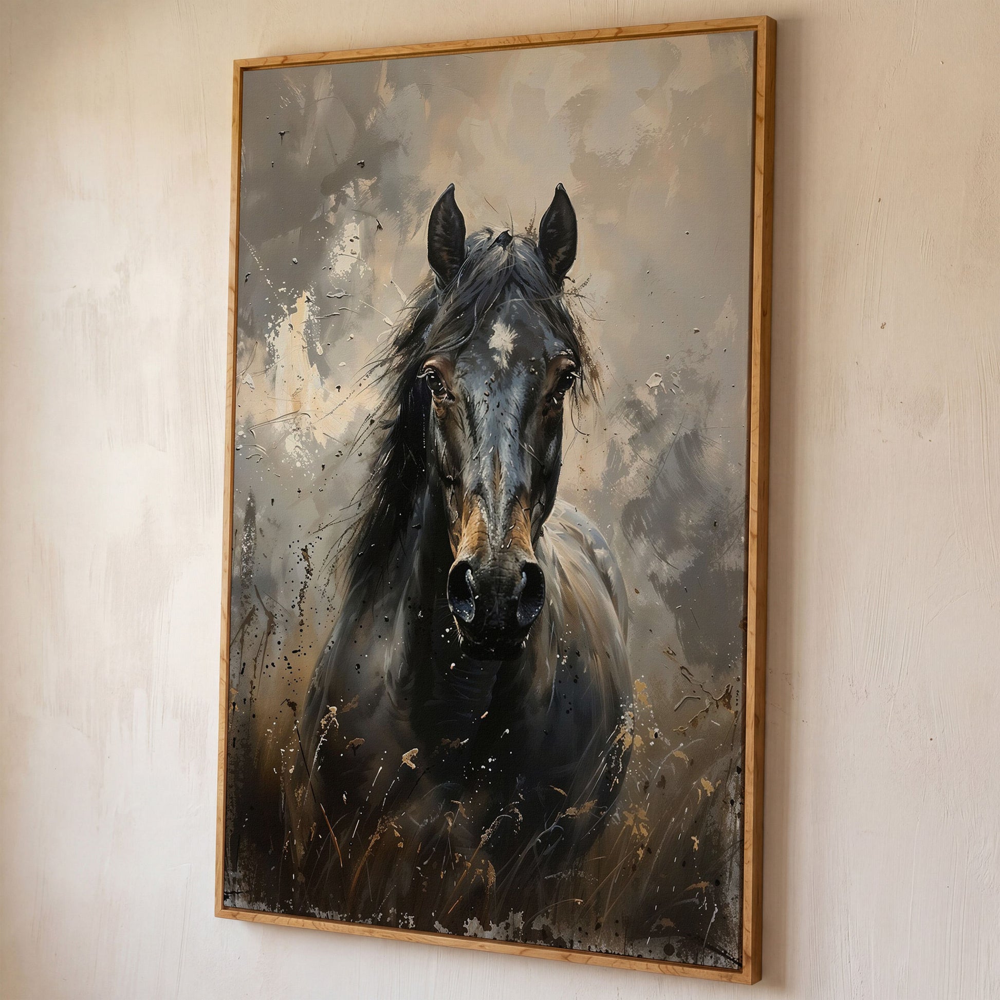 Black Horse Portrait Canvas Art with Rustic Expressiveness shown in white oak floating frame