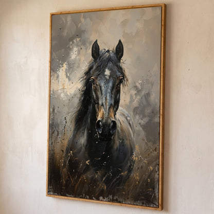Black Horse Portrait Canvas Art with Rustic Expressiveness shown in white oak floating frame