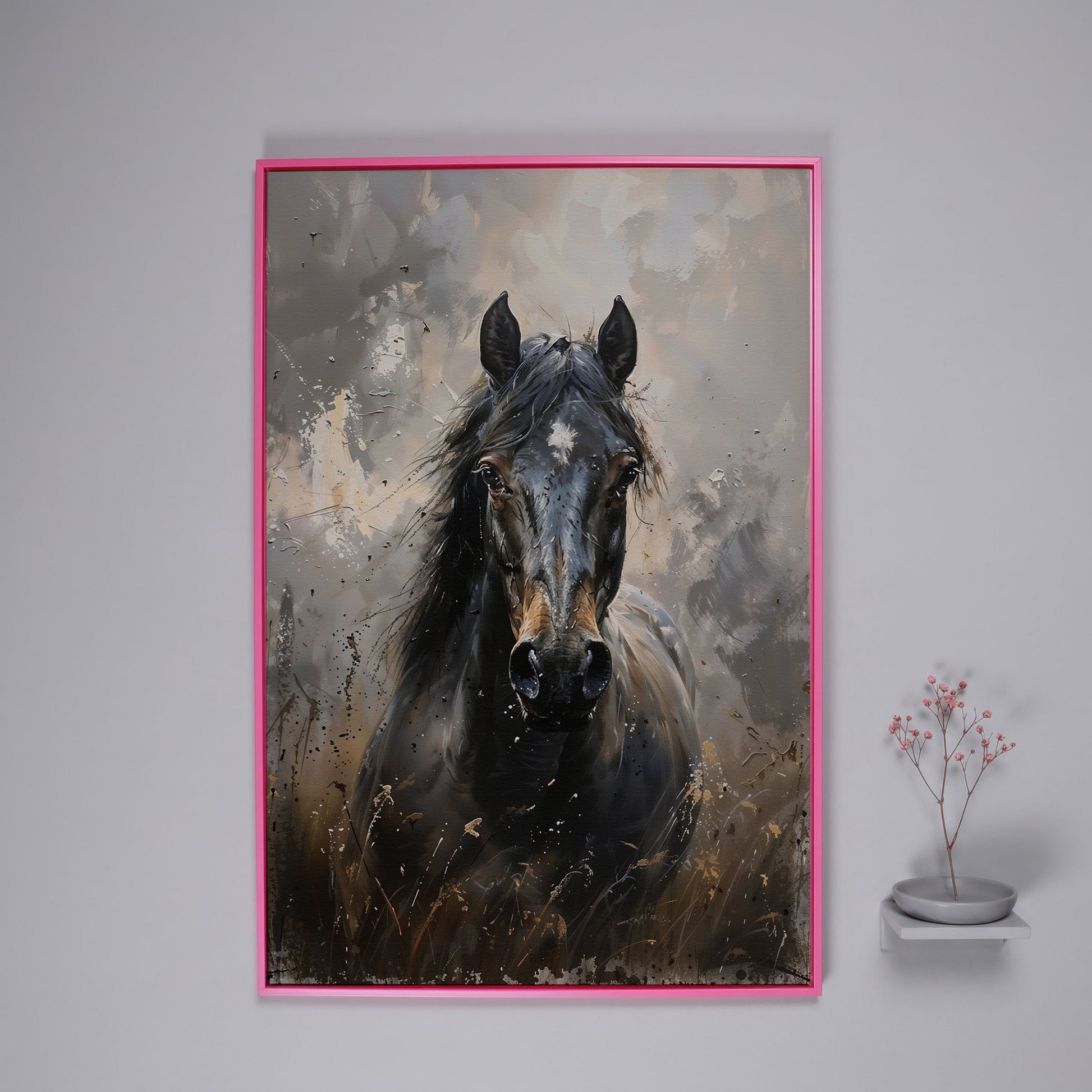 Black Horse Portrait Canvas Art with Rustic Expressiveness in pink floating frame