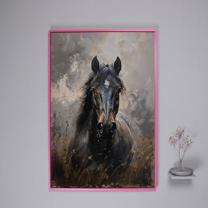 Black Horse Portrait Canvas Art with Rustic Expressiveness in pink floating frame
