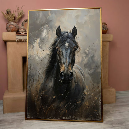 Black Horse Portrait Canvas Art with Rustic Expressiveness in rose gold floating frame