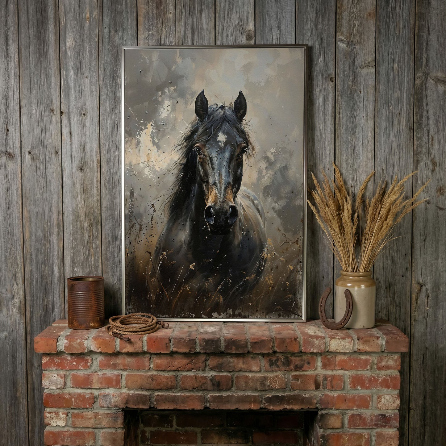 Black Horse Portrait Canvas Art with Rustic Expressiveness in silver floating frame