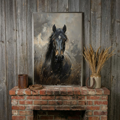 Black Horse Portrait Canvas Art with Rustic Expressiveness in silver floating frame