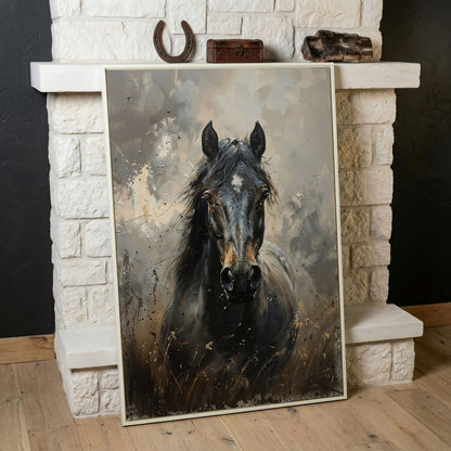 Black Horse Portrait Canvas Art with Rustic Expressiveness in white floating frame