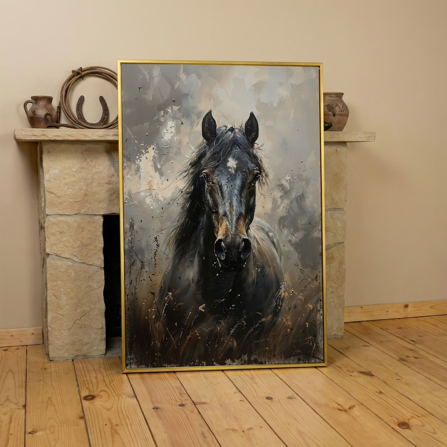 Black Horse Portrait Canvas Art with Rustic Expressiveness in yellow gold floating frame