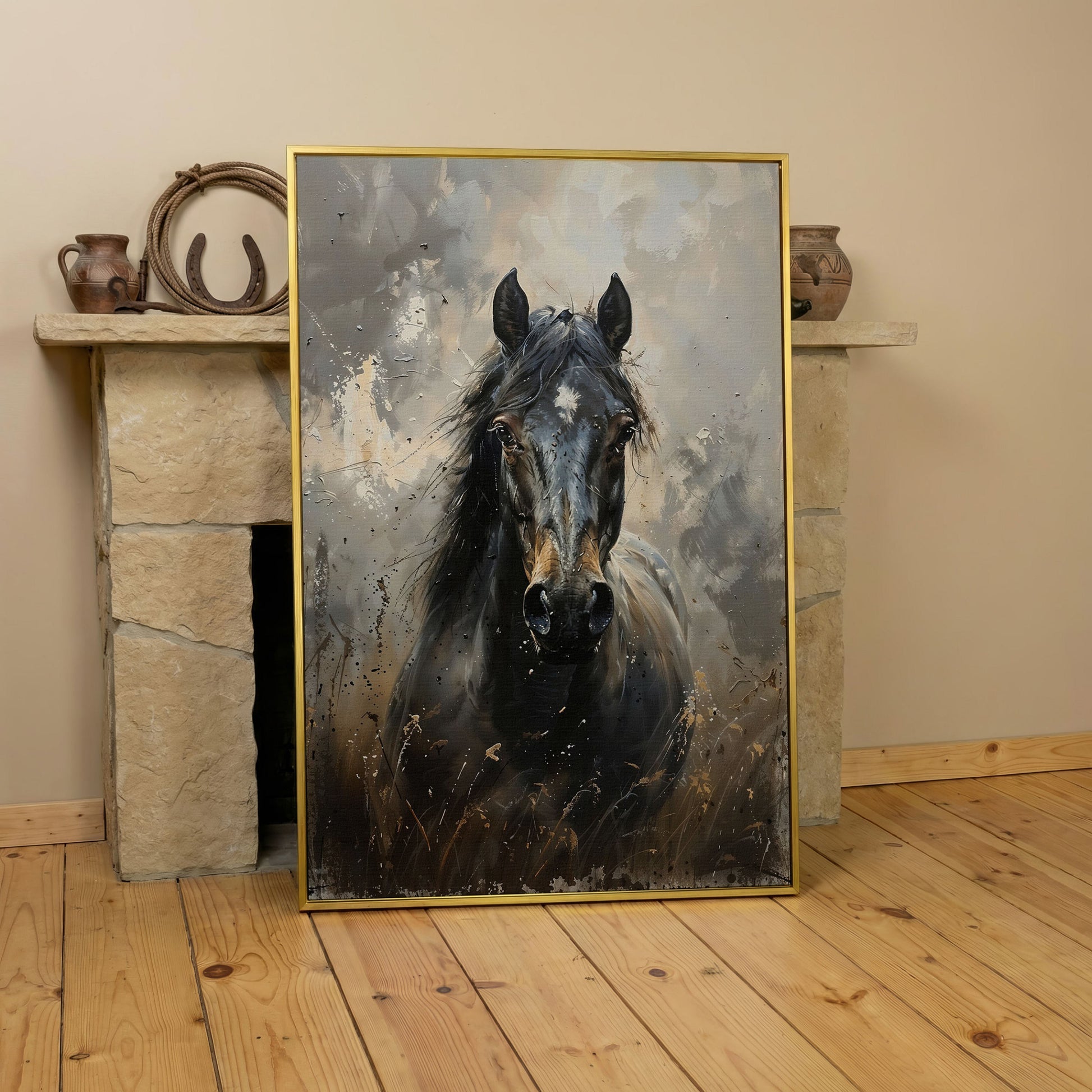 Black Horse Portrait Canvas Art with Rustic Expressiveness in yellow gold floating frame