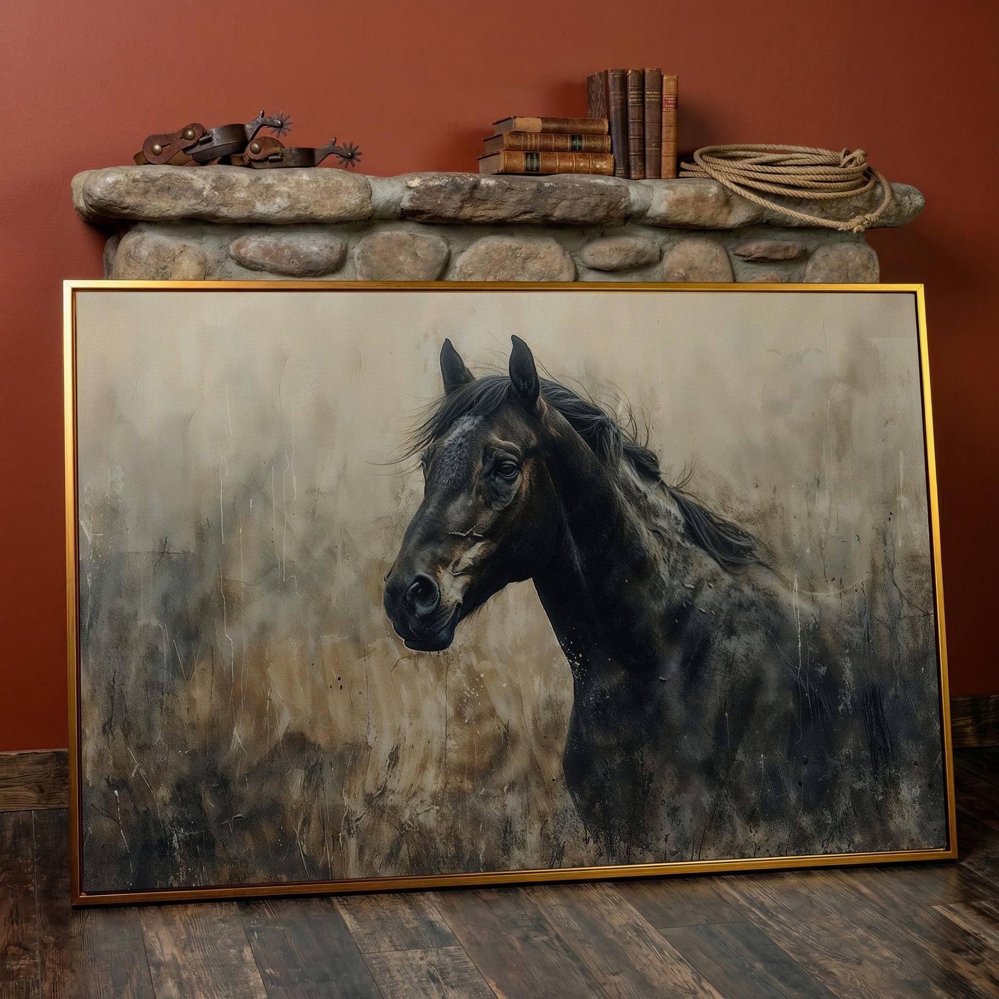 Wild Horse in Profile Canvas Art in antique gold floating frame