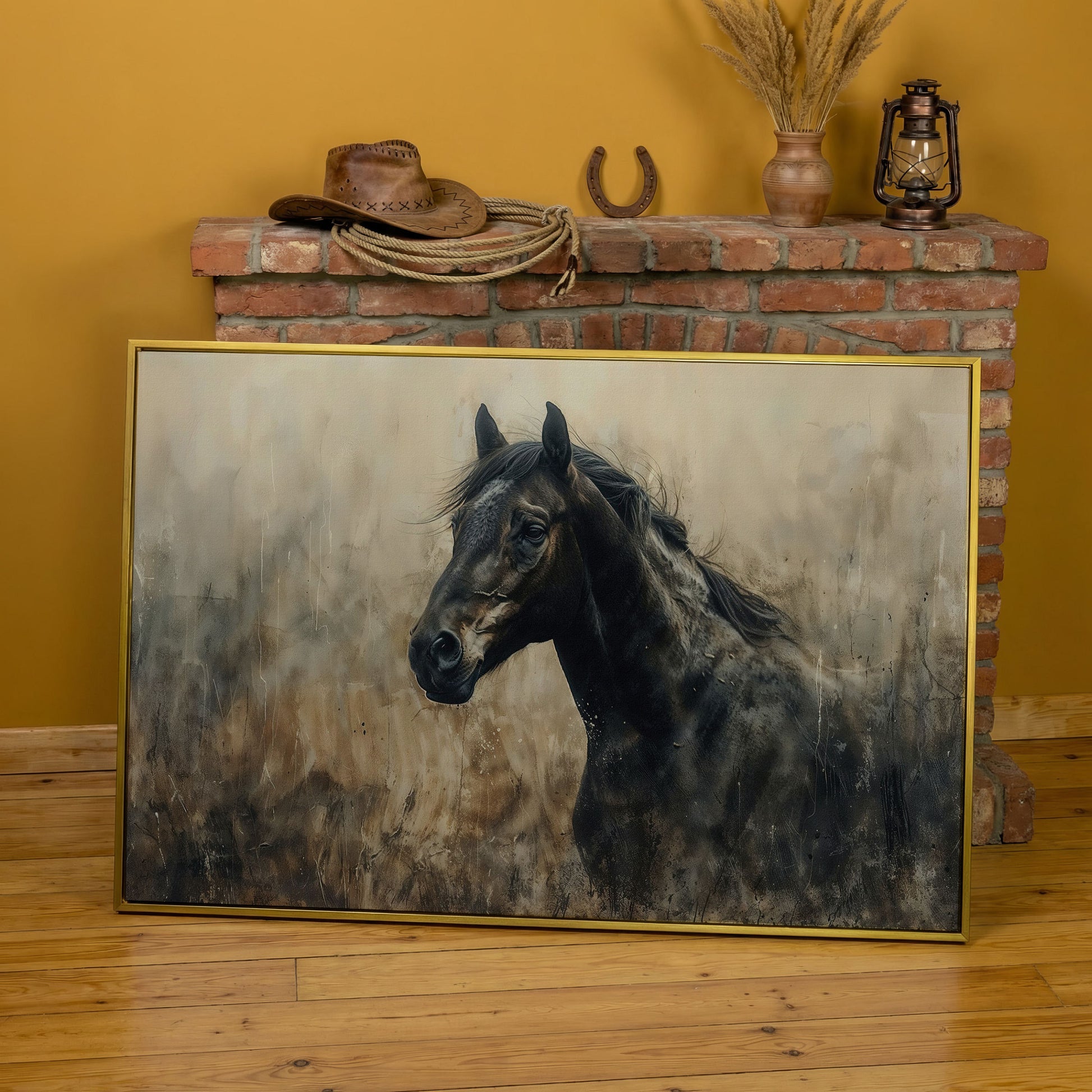 Wild Horse in Profile Canvas Art in yellow gold floating frame