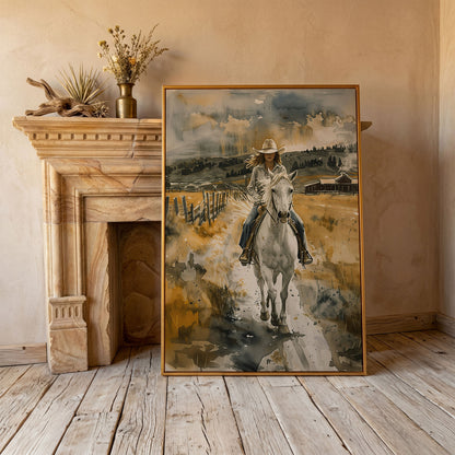 Cowgirl on White Horse Canvas Print, Western Equestrian Wall Art in antique gold floating frame