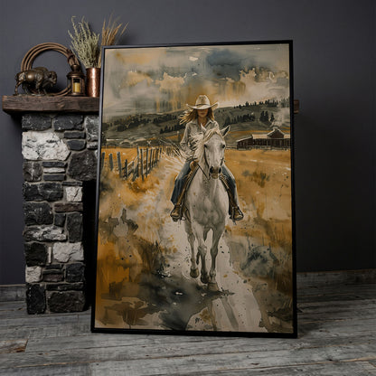 Cowgirl on White Horse Canvas Print, Western Equestrian Wall Art in black floating frame