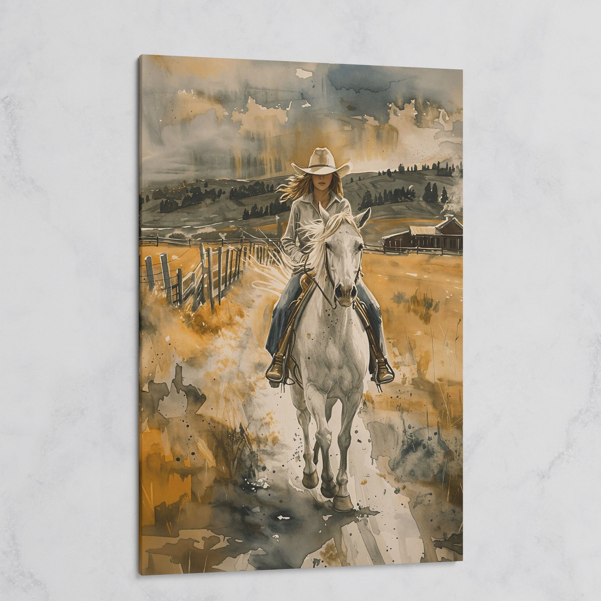 Cowgirl on White Horse Canvas Print, Western Equestrian Wall Art on gallery wrap