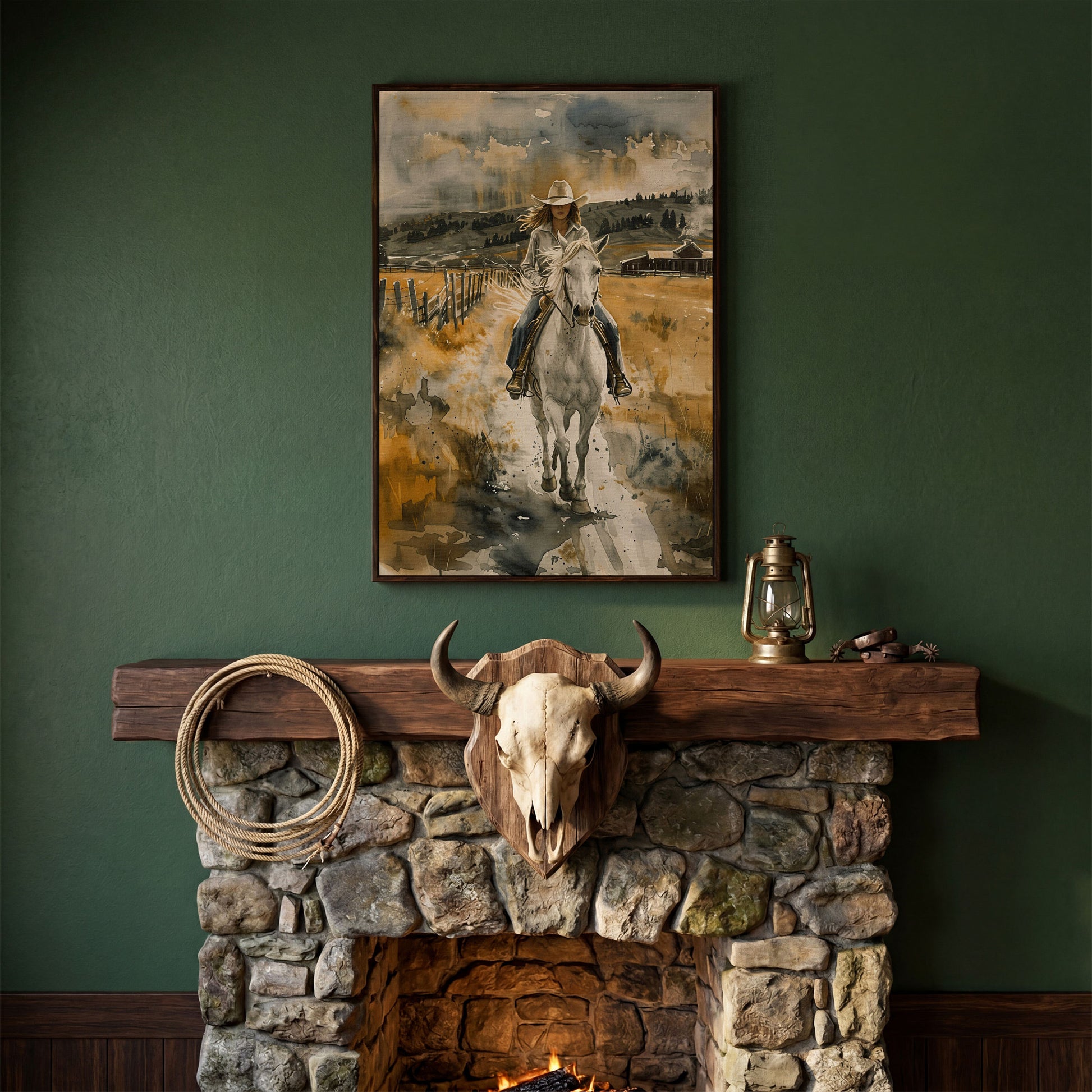 Cowgirl on White Horse Canvas Print, Western Equestrian Wall Art in dark walnut floating frame