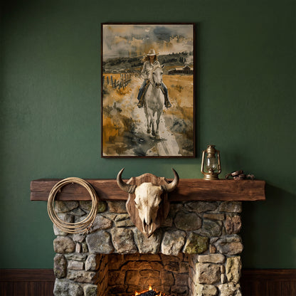 Cowgirl on White Horse Canvas Print, Western Equestrian Wall Art in dark walnut floating frame