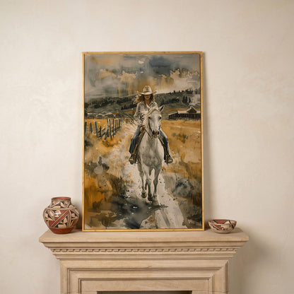 Cowgirl on White Horse Canvas Print, Western Equestrian Wall Art in white oak floating frame