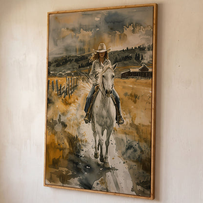 Cowgirl on White Horse Canvas Print, Western Equestrian Wall Art shown in white oak floating frame