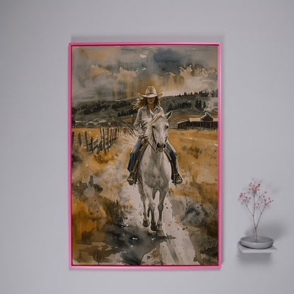 Cowgirl on White Horse Canvas Print, Western Equestrian Wall Art in pink floating frame