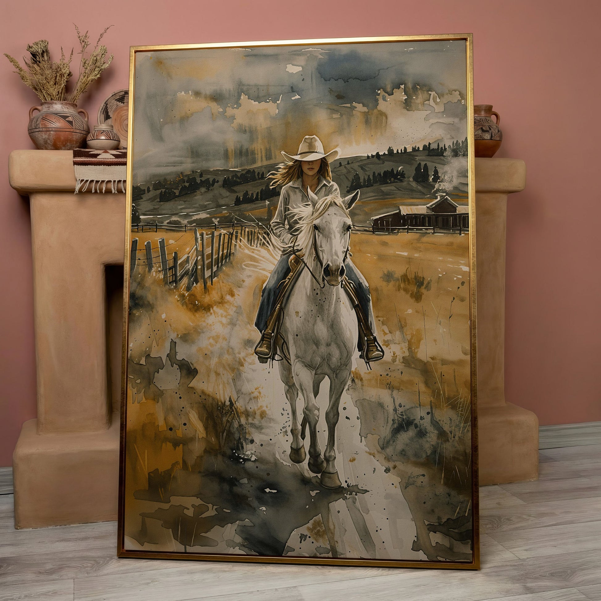 Cowgirl on White Horse Canvas Print, Western Equestrian Wall Art in rose gold floating frame