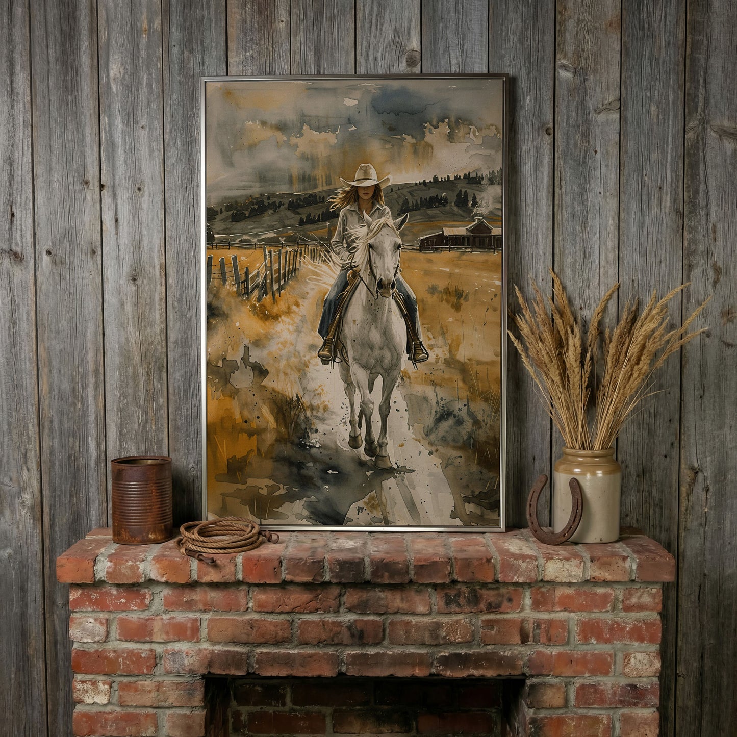 Cowgirl on White Horse Canvas Print, Western Equestrian Wall Art in silver floating frame