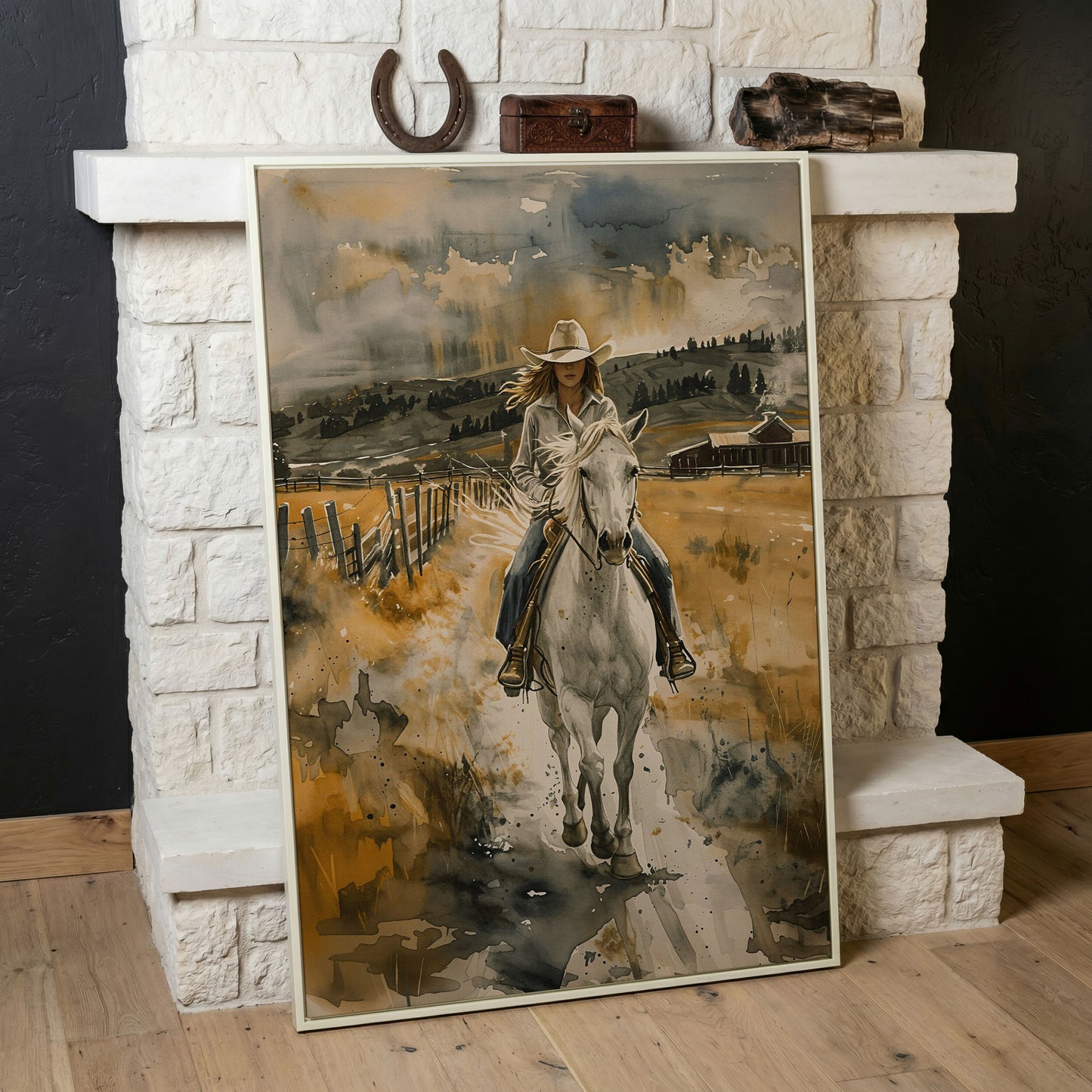Cowgirl on White Horse Canvas Print, Western Equestrian Wall Art in white floating frame