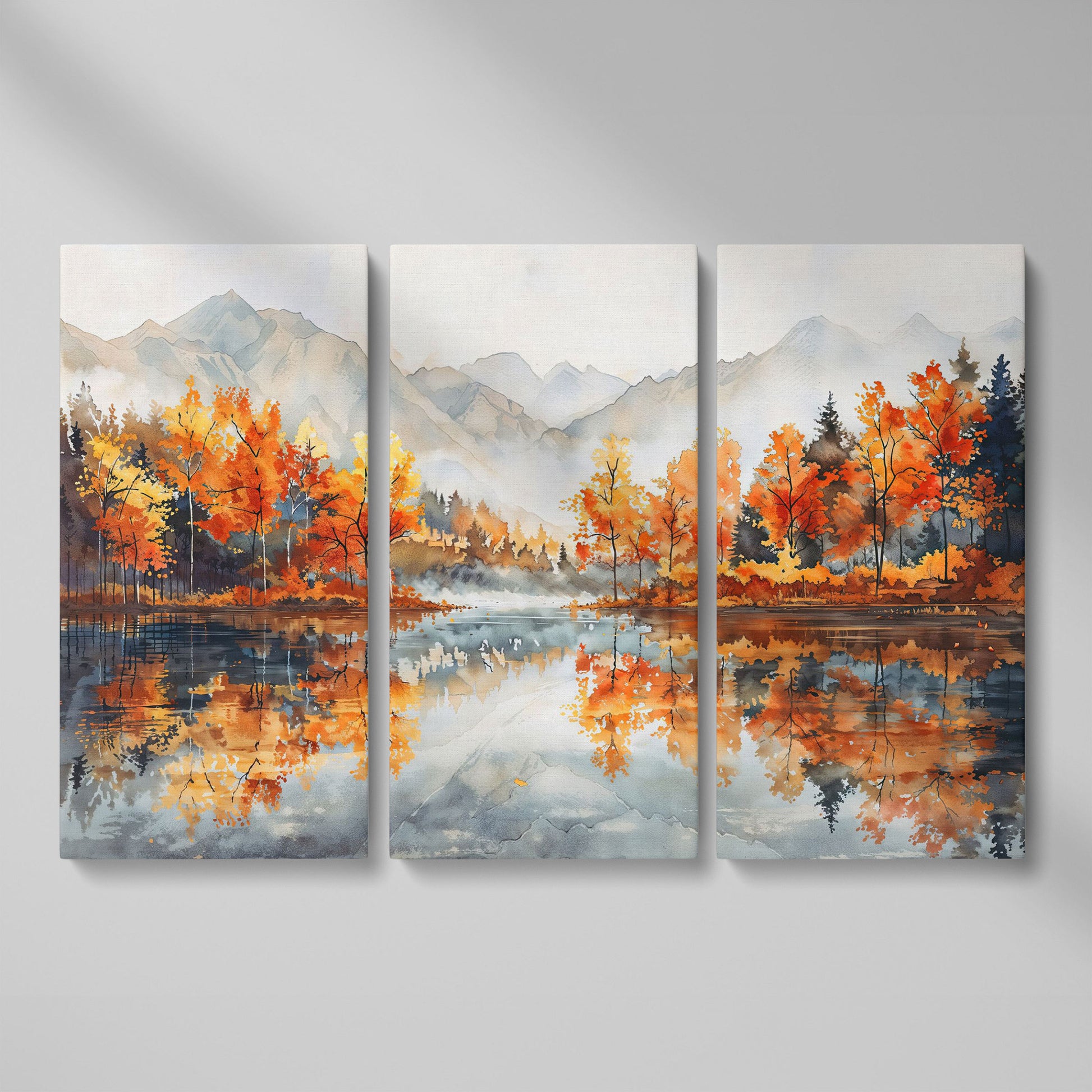 Autumn Lake Reflection Canvas Print with Misty Mountains as 3-panel split version