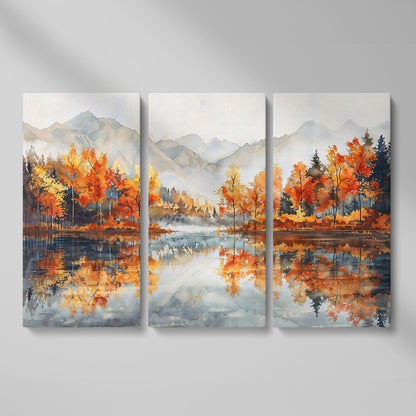 Autumn Lake Reflection Canvas Print with Misty Mountains as 3-panel split version