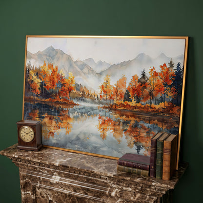 Autumn Lake Reflection Canvas Print with Misty Mountains in antique gold floating frame