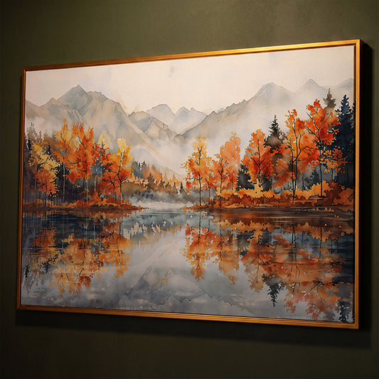 Autumn Lake Reflection Canvas Print with Misty Mountains shown in antique gold floating frame