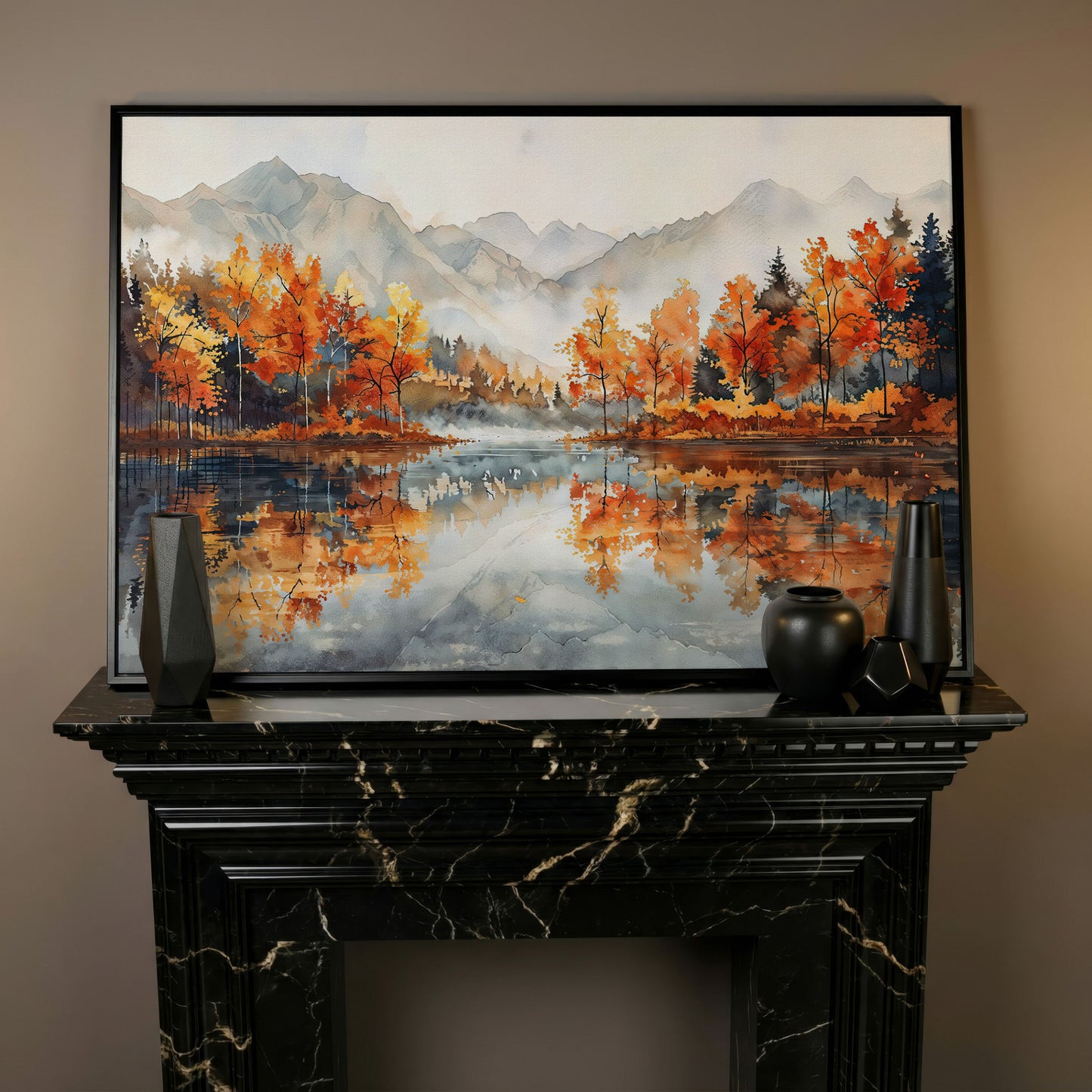 Autumn Lake Reflection Canvas Print with Misty Mountains in black floating frame