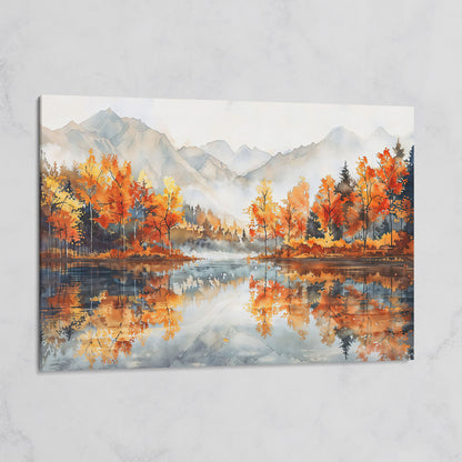 Autumn Lake Reflection Canvas Print with Misty Mountains on gallery wrap