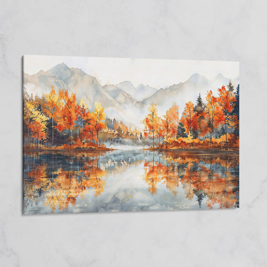 Autumn Lake Reflection Canvas Print with Misty Mountains on gallery wrap