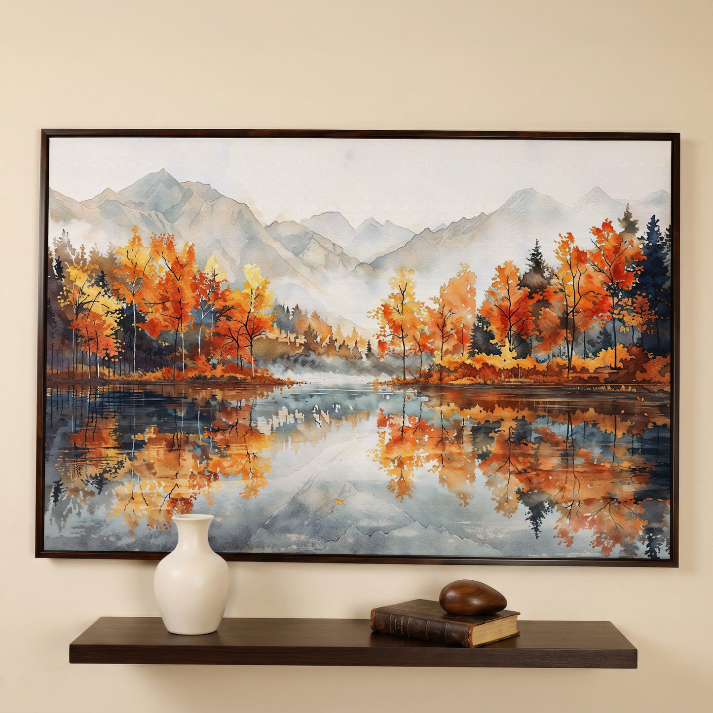 Autumn Lake Reflection Canvas Print with Misty Mountains in dark walnut floating frame