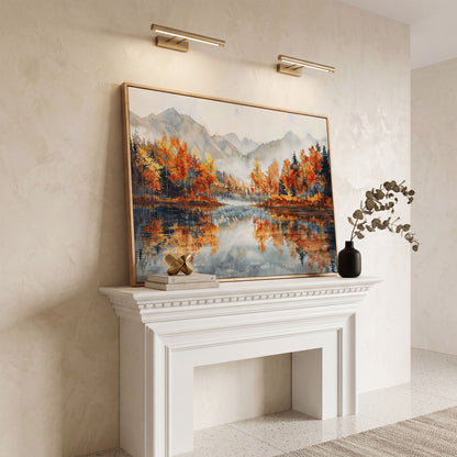 Autumn Lake Reflection Canvas Print with Misty Mountains in white oak floating frame