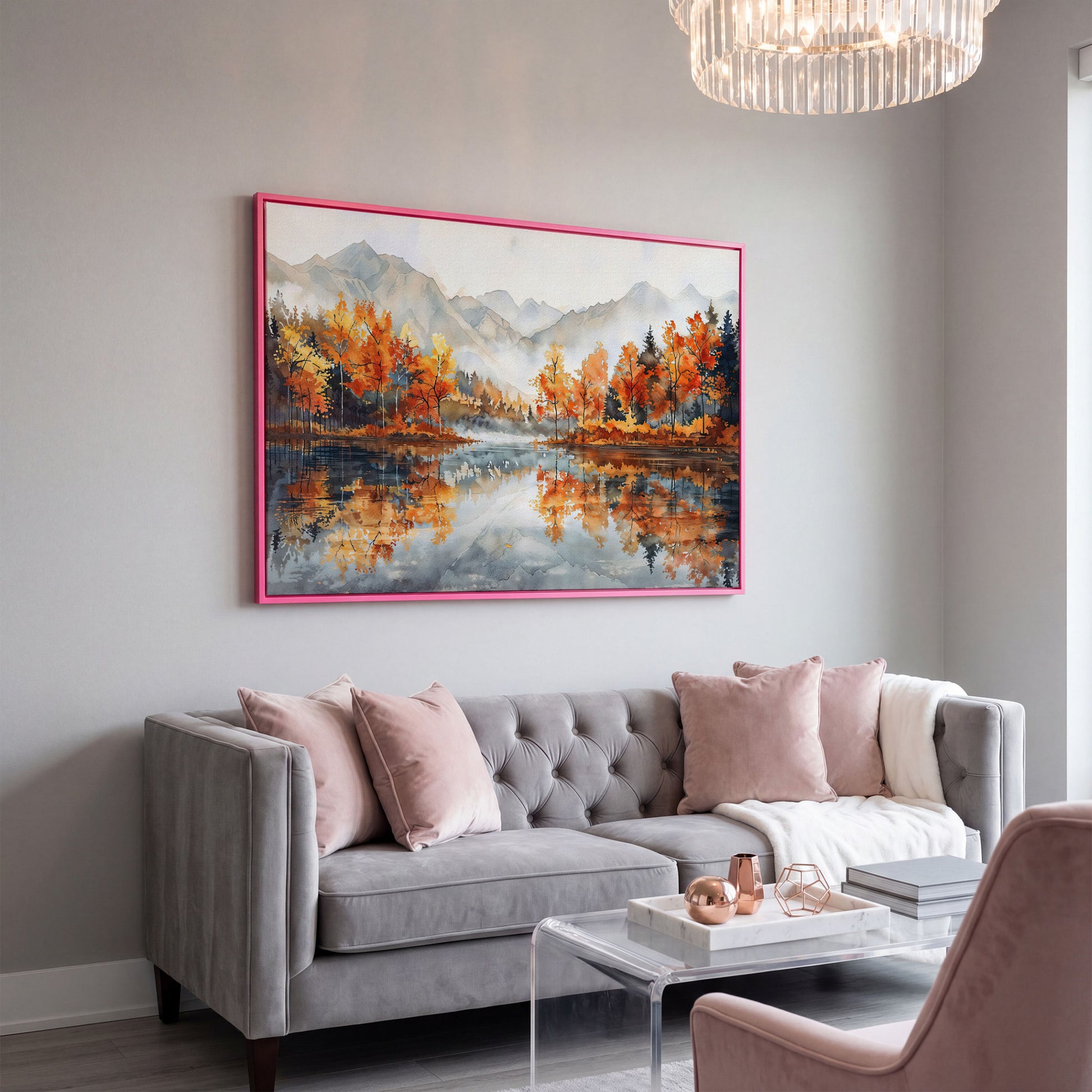 Autumn Lake Reflection Canvas Print with Misty Mountains in pink floating frame