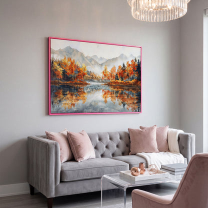 Autumn Lake Reflection Canvas Print with Misty Mountains in pink floating frame