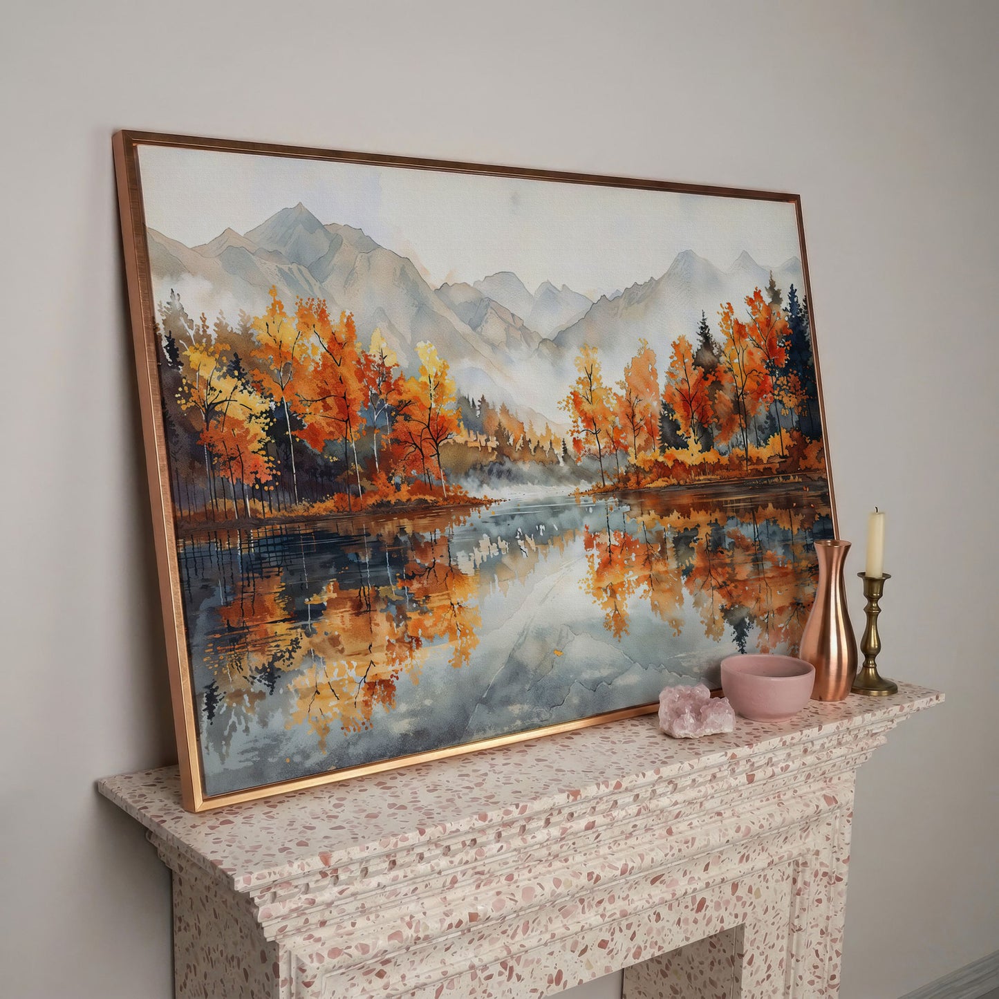 Autumn Lake Reflection Canvas Print with Misty Mountains in rose gold floating frame