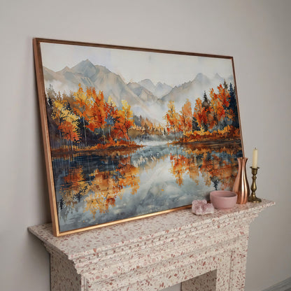 Autumn Lake Reflection Canvas Print with Misty Mountains in rose gold floating frame
