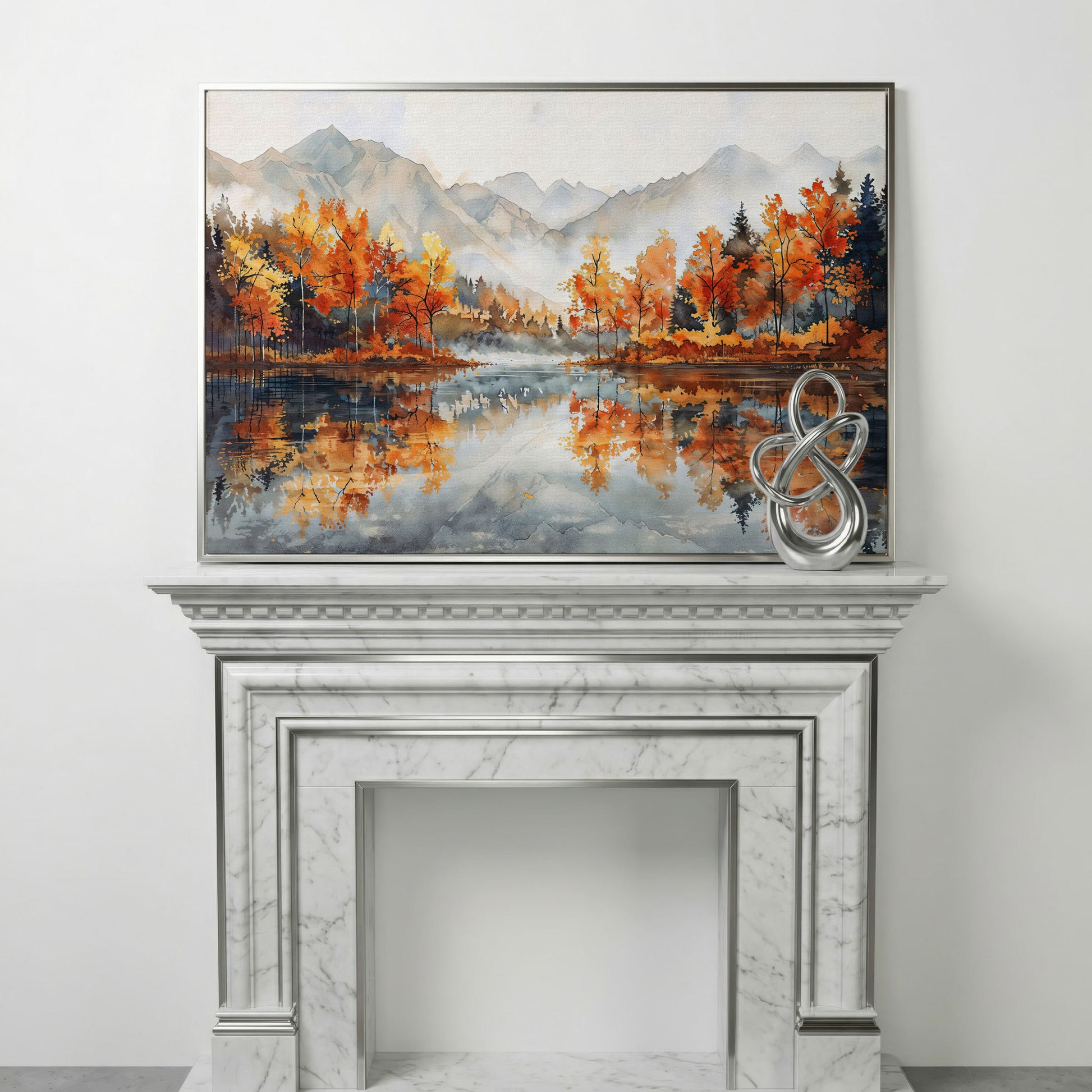 Autumn Lake Reflection Canvas Print with Misty Mountains in silver floating frame