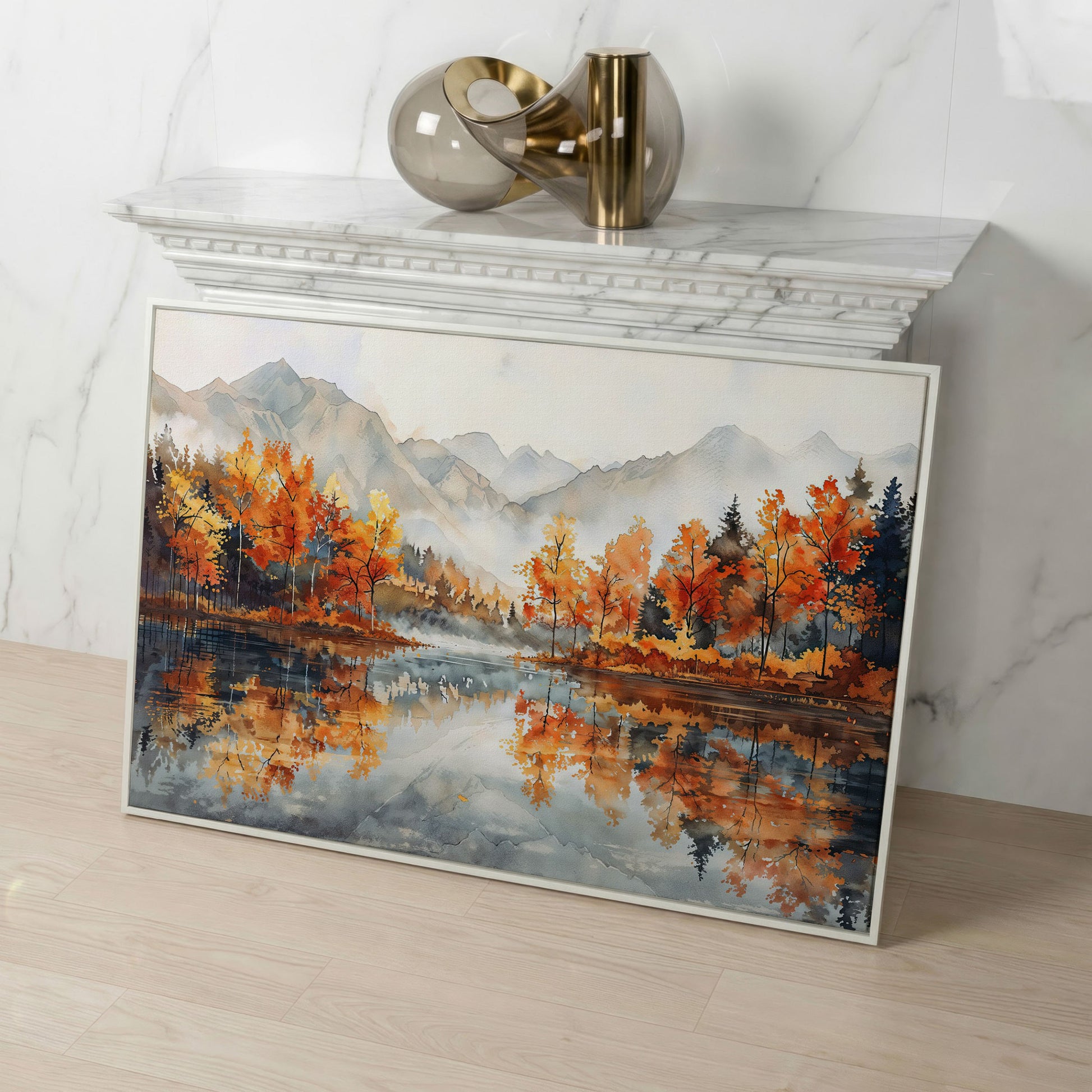 Autumn Lake Reflection Canvas Print with Misty Mountains in white floating frame