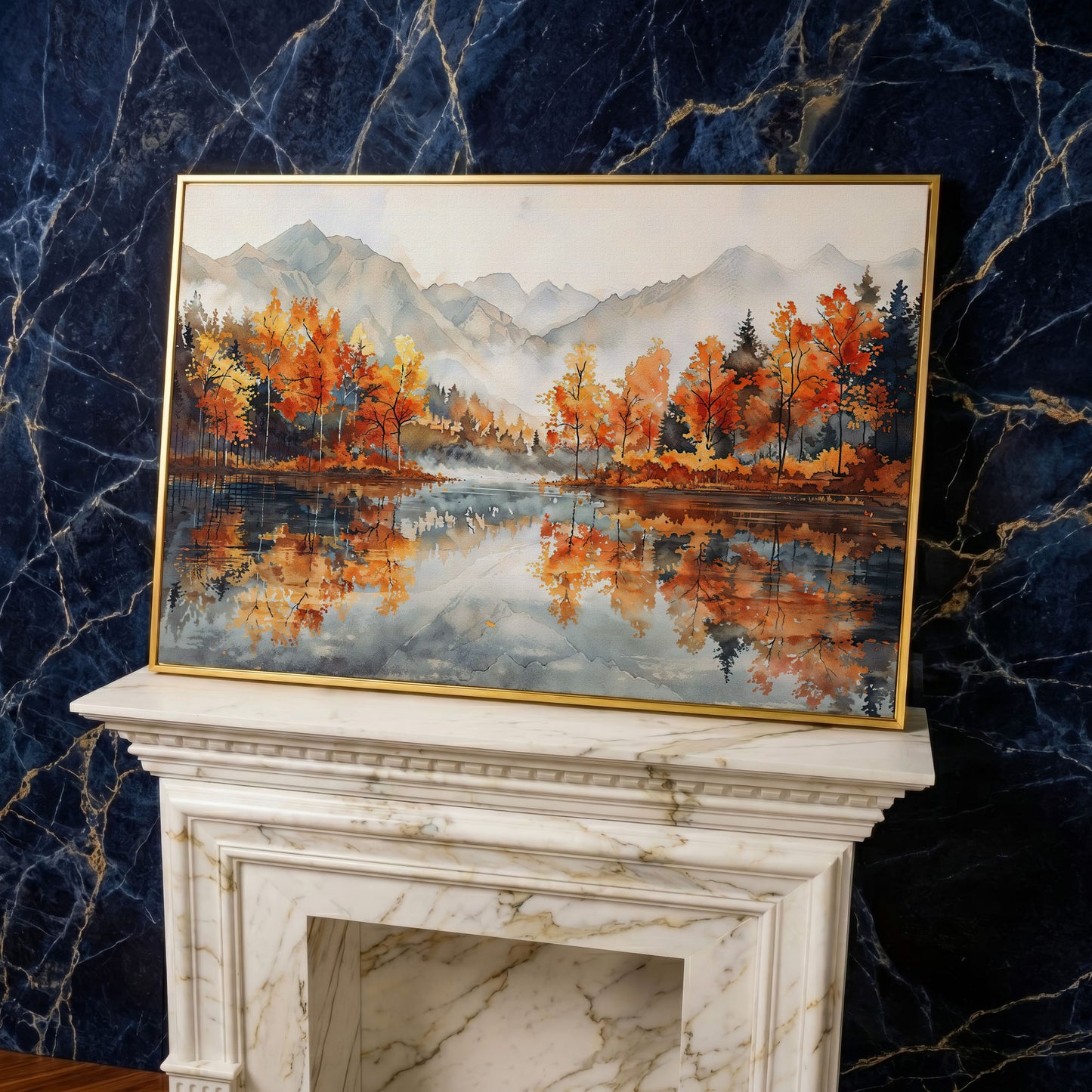 Autumn Lake Reflection Canvas Print with Misty Mountains in yellow gold floating frame