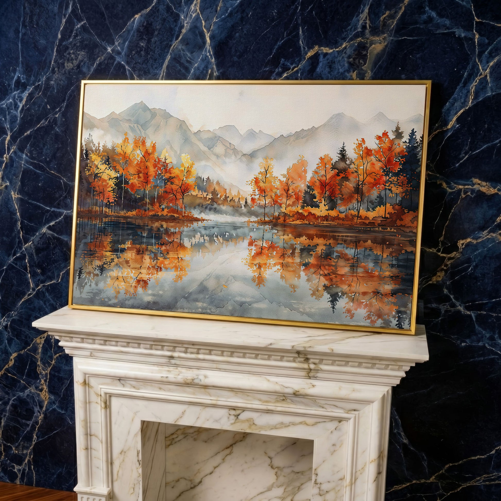 Autumn Lake Reflection Canvas Print with Misty Mountains in yellow gold floating frame