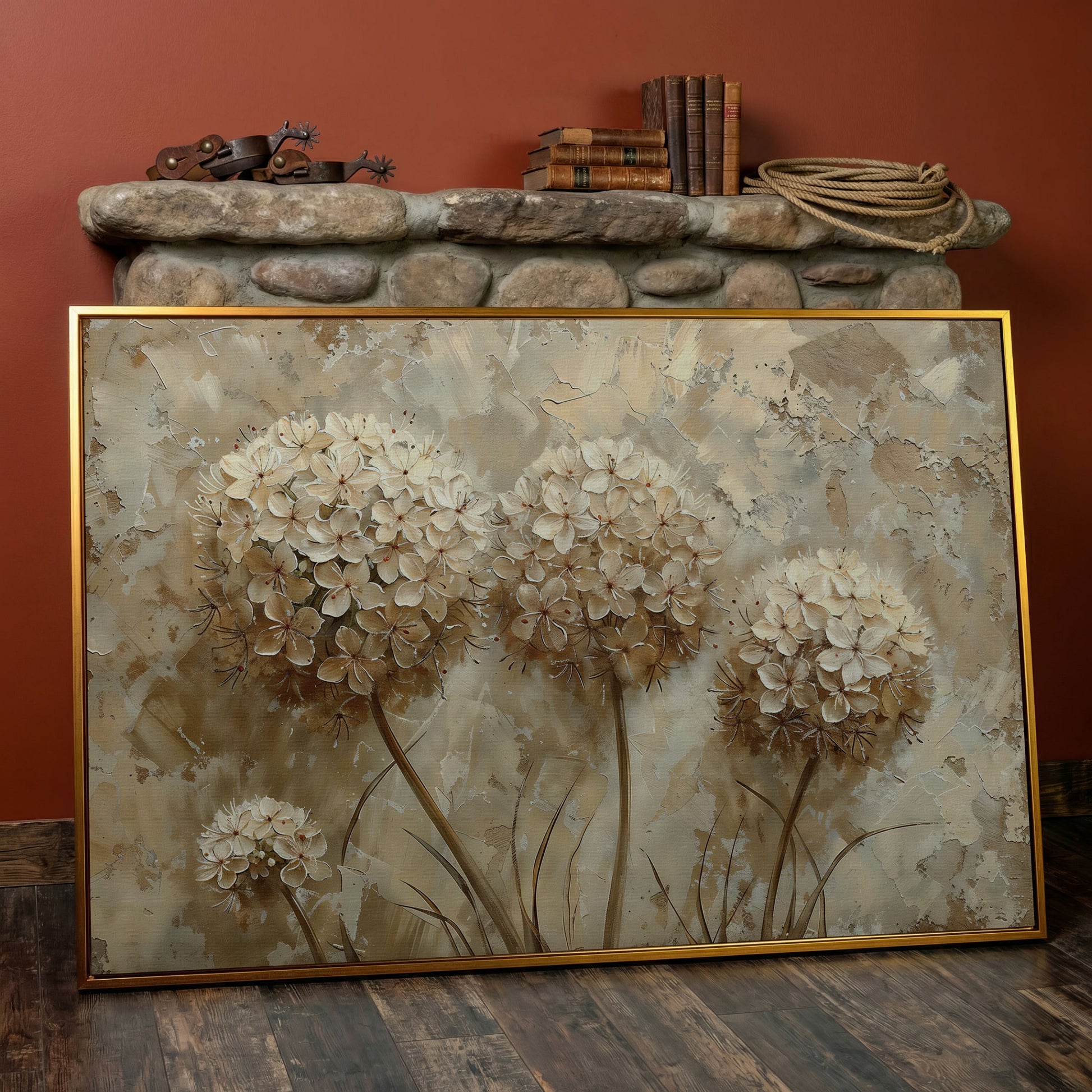 Hydrangea Arrangement Canvas Wall Art, Large Floral Painting in antique gold floating frame