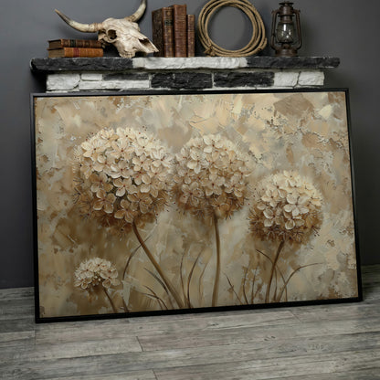 Hydrangea Arrangement Canvas Wall Art, Large Floral Painting in black floating frame