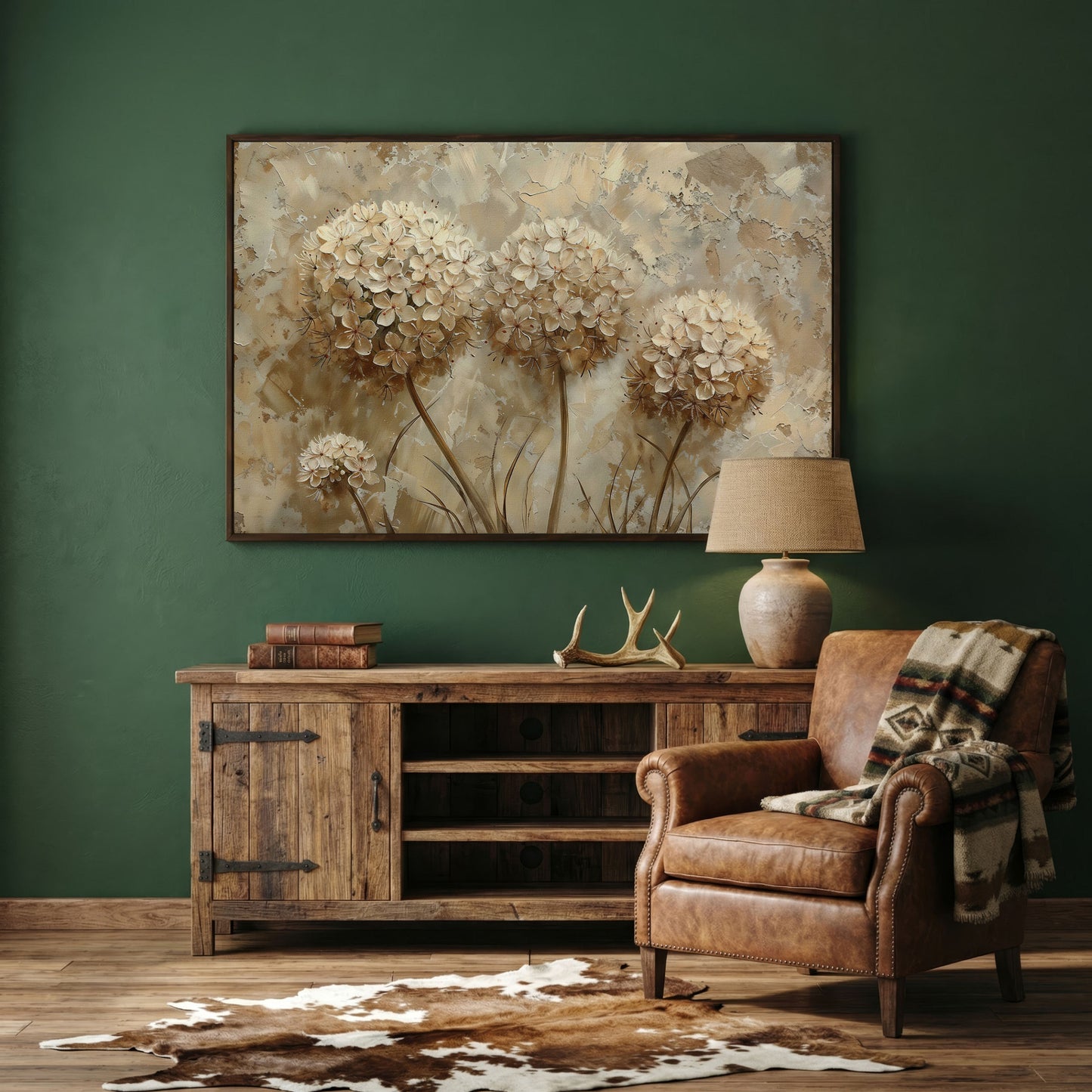 Hydrangea Arrangement Canvas Wall Art, Large Floral Painting in dark walnut floating frame