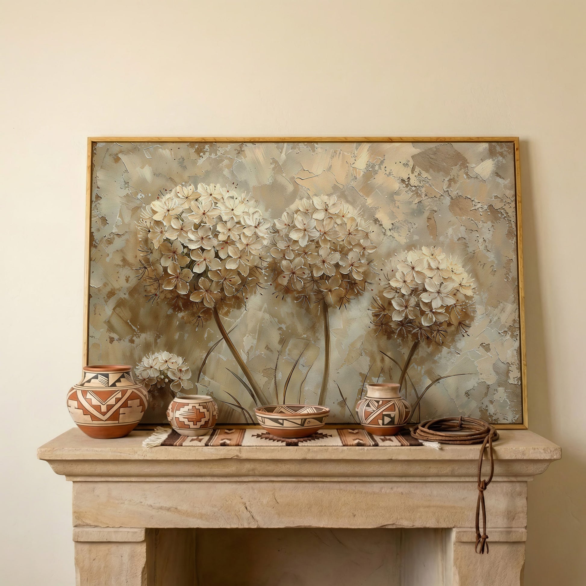 Hydrangea Arrangement Canvas Wall Art, Large Floral Painting in white oak floating frame