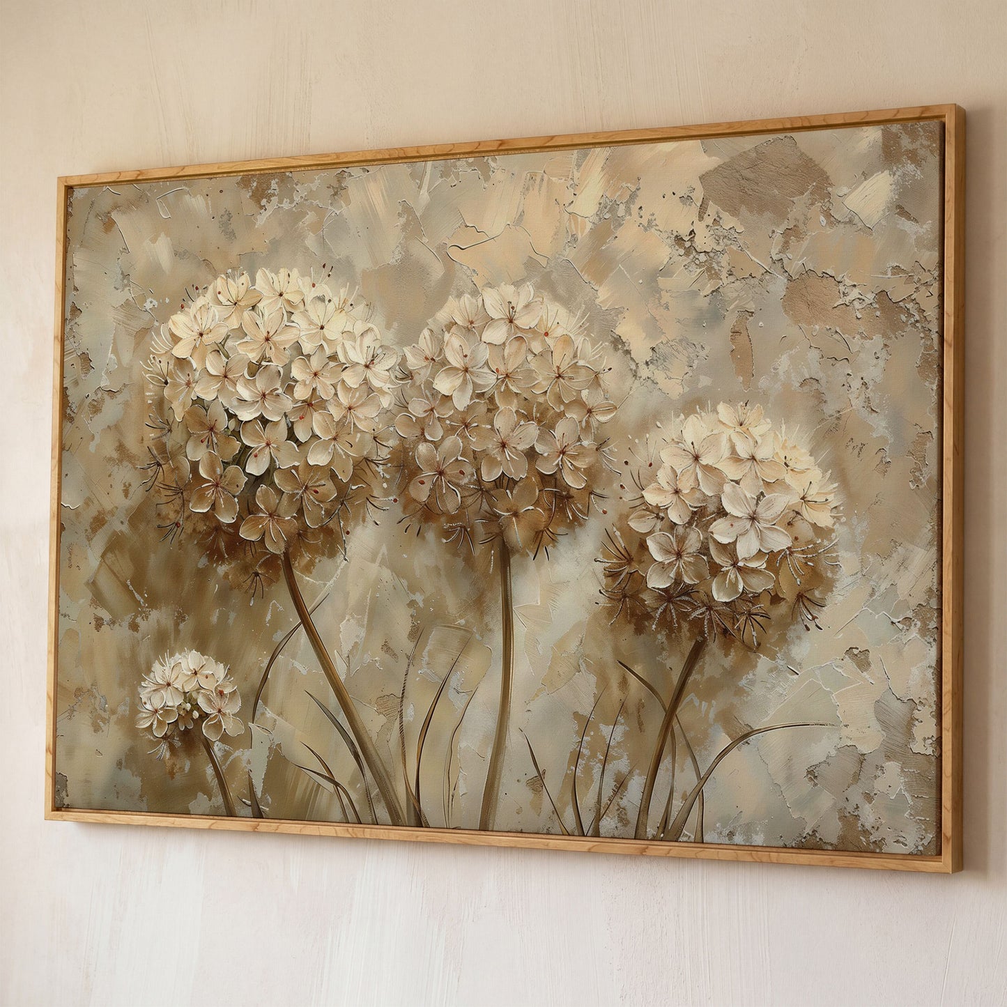 Hydrangea Arrangement Canvas Wall Art, Large Floral Painting shown in white oak floating frame
