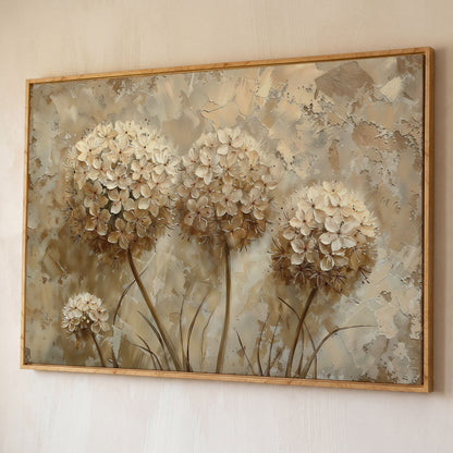 Hydrangea Arrangement Canvas Wall Art, Large Floral Painting shown in white oak floating frame