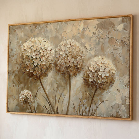 Hydrangea Arrangement Canvas Wall Art, Large Floral Painting shown in white oak floating frame